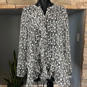 Chico’s Sheer Metallic Ruffle Button Up Blouse Party Holiday Black White Size 3